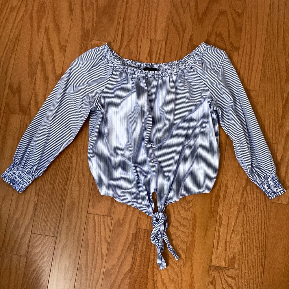 Striped off the shoulder blouse with front tie
